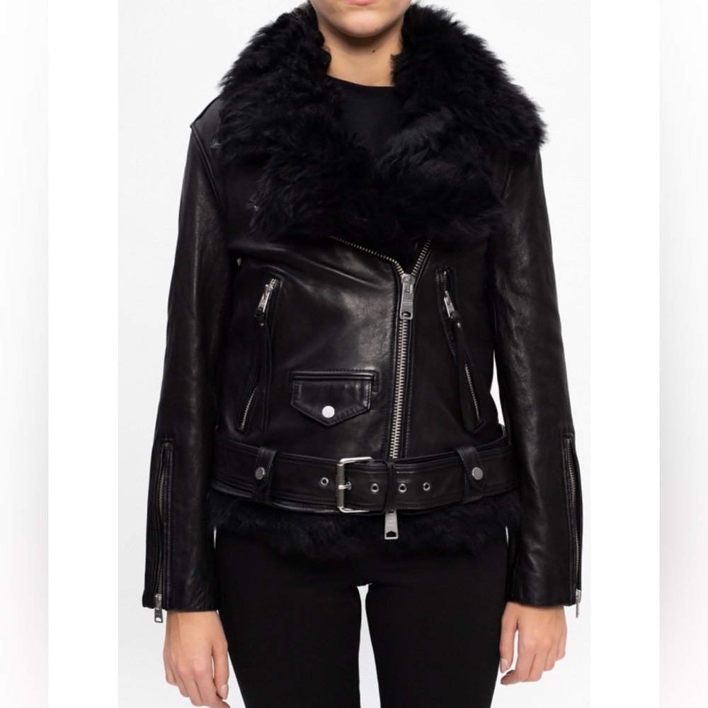 NWOT All Saints Luna 4-in-1 Shearling Sheep Leather Biker Jacket Black 2 Small